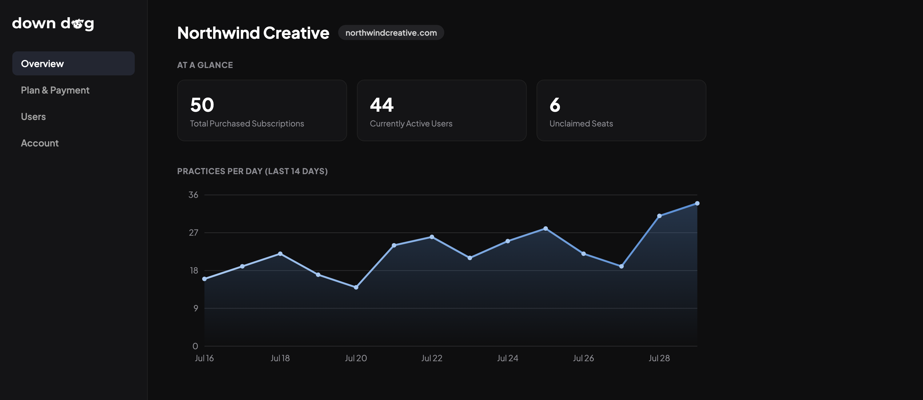 Admin dashboard overview showing seats and daily practices