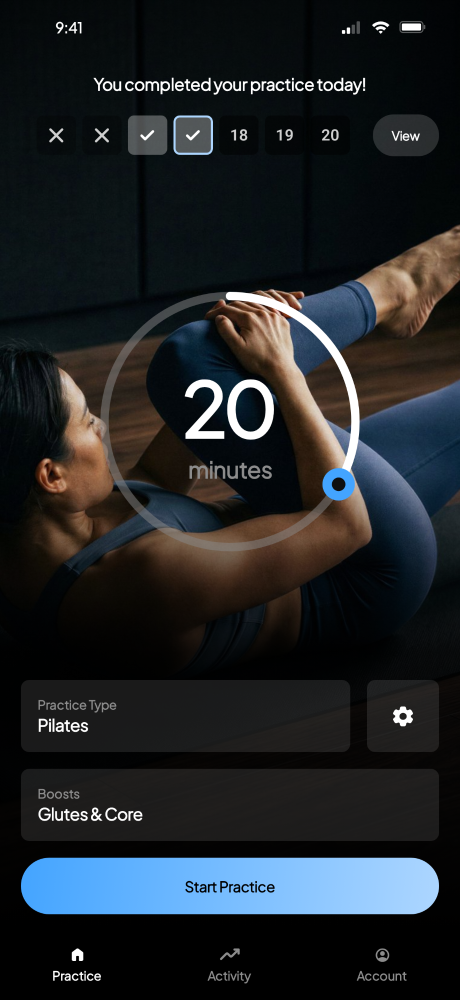 Pilates app start screen
